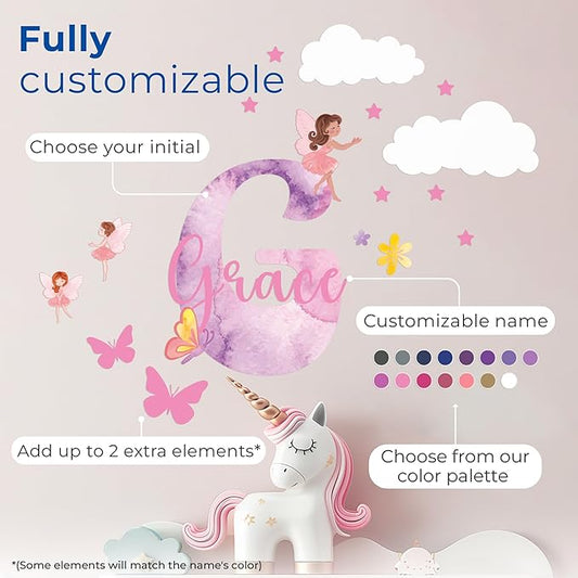 CRYPTONITE Custom Stickers Name & Initial for Fairy Decor I Fairy Pink Room Decor for Girl Bedroom Decor I Personalized Fairy Wall Decals for Little Girl Room Decor I Multiple Size Options (D. Fairy)
