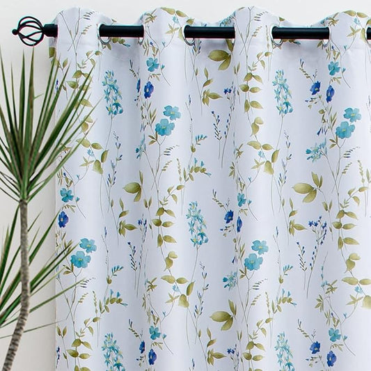 Linentalks Floral Blackout Curtains 63 Inch Length 2 Panels Set, Short Thermal Insulated Patterned Blackout Curtains for Living Room, Grommet Room Darkening Curtains Green Blue Black Out Curtains