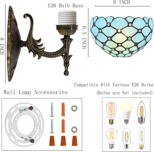 Small Tiffany Wall Sconce Lamp Stained Glass 8X10.5X11 Inch Plug in Sconce Bedside Light for Hallway Bedroom (Sea Blue Beads)