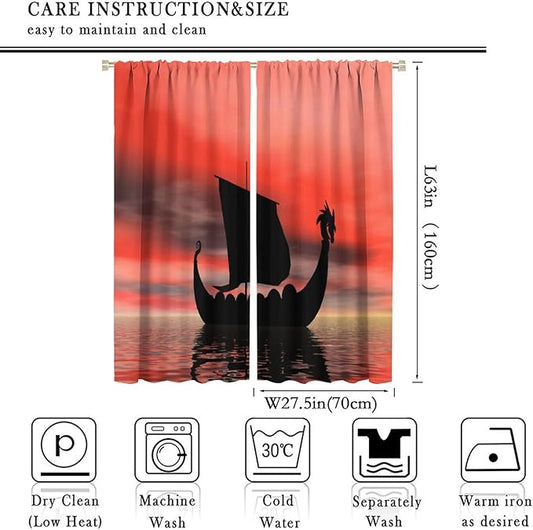 Viking Ship Curtains, Fantasy Ocean Vintage Sailboat at Sundown Nautical Themed Print Blackout Window Treatments for Boys Bedroom Living Room 55x63in