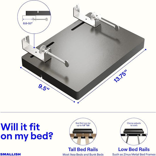 BedShelfie Bedside Shelf for Bunk Bed & Top Bunk, College Dorm Room Essentials, Loft Nightstand, Floating Bed Side Table Tray Storage, Dorm Room Decor by Smallish - (Flexfit Model, Black)