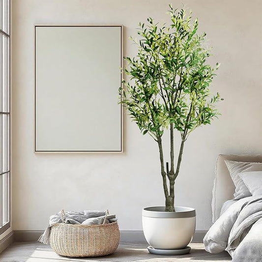 6.23ft Artificial Olive Tree, Faux Olive Tree with Lifelike Fruits, 74.8in Fake Olive Tree with Sturdy Plastic Pot, Artificial Plants for Office Home Living Room Indoor Outdoor Decor