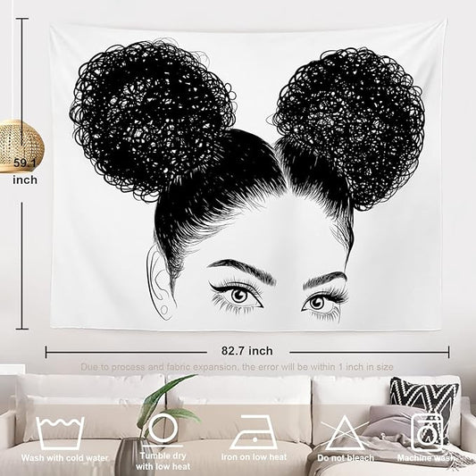 Batmerry Black Woman Afro American Tapestry, Black Woman with Shirt Graphic Tee Visit Hair Afro Girl Picnic Mat Hippie Trippy Tapestry Wall Art Decor for Bedroom Living Room, 59.1 x 82.7 Inches, Black