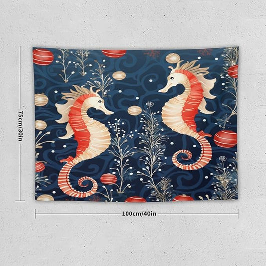 Seahorse Christmas Kiss Beach Tapestry Wall Hanging Vintage Ocean Seahorse Vintage Aesthetic Tapestry Wall Hanging Landscape Tapestry Wall Art for Home Decor 30"x40" Christmas Family Party