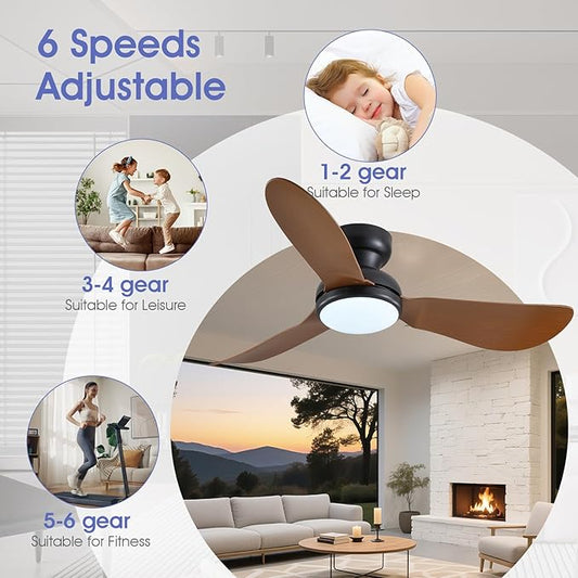 46 Inch Modern Ceiling Fans with Lights, Flush Mount Ceiling Fan with Remote/APP Control, 3 Reversible Curved Blades, 6 Speeds, 3 CCT, Dimmable LED Lights for Living Room Bedroom, Brown