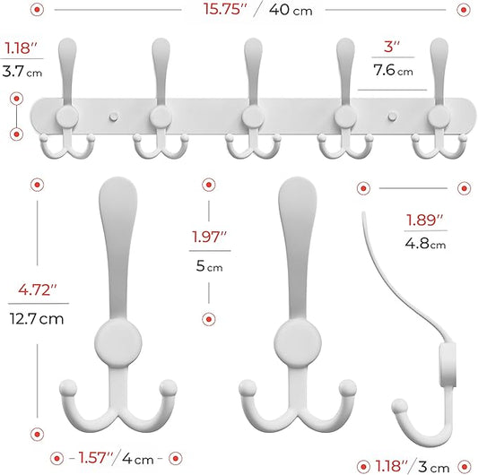 Coat Rack Wall Mount with 5 Tri Hooks, Stainless Steel 16 Inch – White Matte Finish, Heavy Duty Wall Mounted Hook Rack for Coats, Hats, Towels, Scarves, Robes, Bags, Entryway & Bathroom