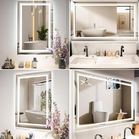 48x36 LED Mirror for Bathroom with Front and Backlit Light Up Digital Mirrors for Wall,Anti Fog,Stepless Dimmable,Tempered Silver Glass Smart Vanity Mirror for Bathroom