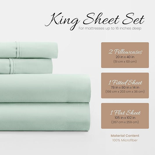 Linen Market Double-Brushed Microfiber King Sheet Set 4 Piece – Oeko-TEX Certified Ultra Soft & Wrinkle-Free - 16" Deep Pocket Sheets - Easy Care King Size - Mint