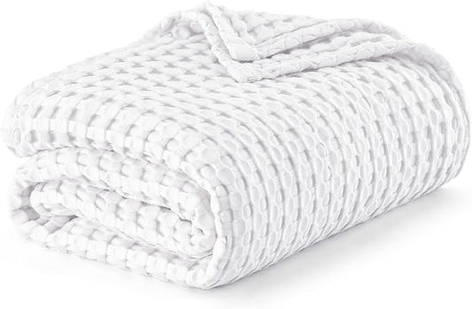 Bedsure Cooling Cotton Waffle Queen Size Blanket - Lightweight Breathable Blanket of Rayon Derived from Bamboo for Hot Sleepers, Luxury Throws for Bed, Couch and Sofa, White, 90x90 Inches