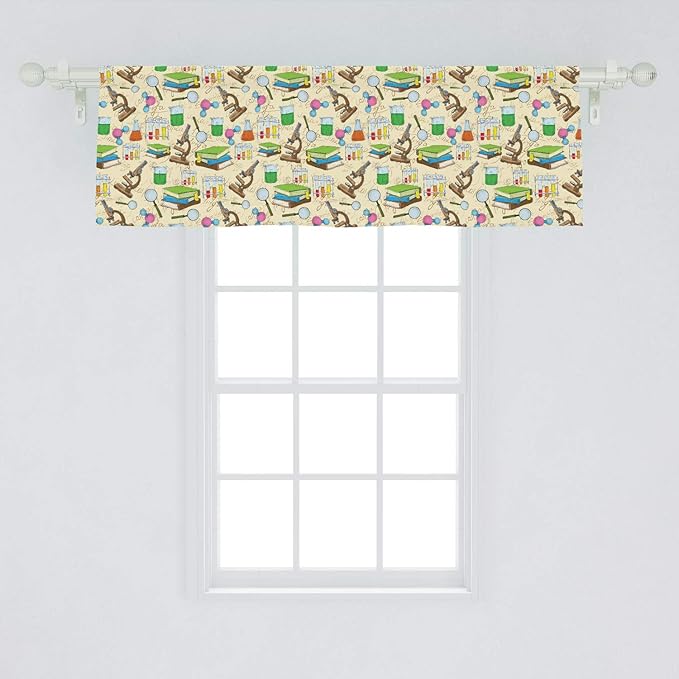 Lunarable Science Print Window Valance, Colorful Sketch Style Ornaments with Books Microscope Drawings on Creamy Back, Curtain Valance for Kitchen Bedroom Decor with Rod Pocket, 54" X 18", Beige Green