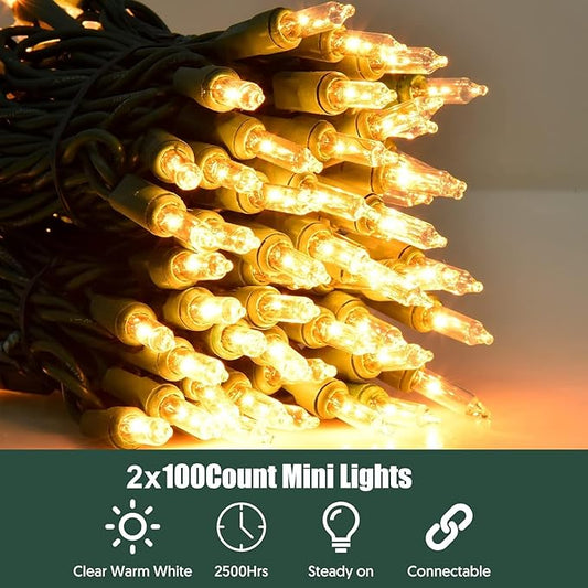Christmas Lights Clear White 2 Pack Total 200 Count Incandescent Lights UL Certified Connectable Christmas Tree Lights with Green Wires for Indoor Outdoor Xmas, Wedding, Holiday, Home Decorations