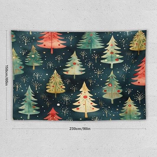 Vintage Christmas Tree Watercolor Tapestry Wall Hanging Vintage Christmas Wall Hanging Wall Tapestry Aesthetic Tapestry for Bedroom Colorful Wall Hanging Aesthetic Wall Art For Room Decor 60"x90"