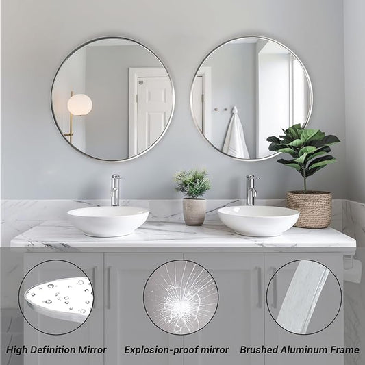 Silver Round Mirror 30 inch, Round Bathroom Mirror, Silver Circle Mirrors with Aluminum Frame, Circle Wall Mirrors for Bathroom, Living Room, Hallway, Bedroom.