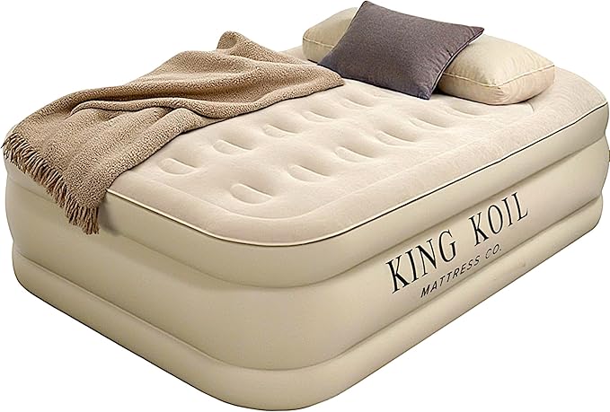 King Koil Luxury Air Mattress 16in Full Size Beige with Built-in Pump for Home, Camping & Guests-Inflatable Airbed Luxury Double High Adjustable Blow Up Mattress, Durable - Portable and Waterproof