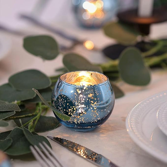 LAMORGIFT 24 Pcs Blue Votive Candle Holders Bulk- Blue Tealight Candle Holders for Wedding Decor, Mercury Glass Votives for Bridal Shower, Baby Shower Table Centerpieces
