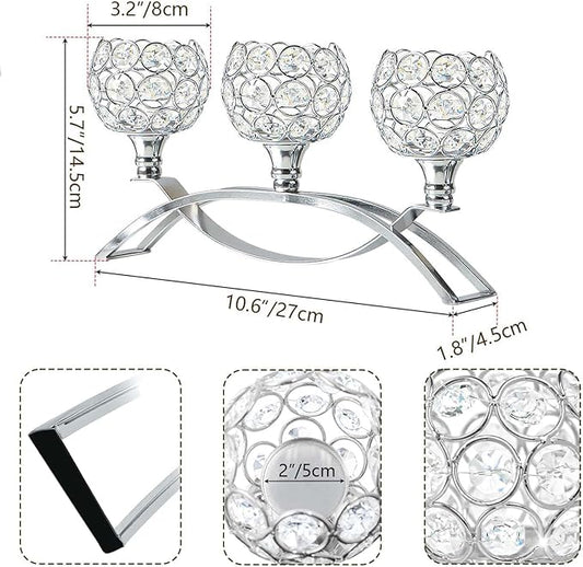 Crystal Tealight Candle Holder Centerpiece Home Decorative Candlestick Holder Elegant Table Centerpiece Home Decor Wedding Party Anniversary (Silver, 3 Arm of 4 Pcs)
