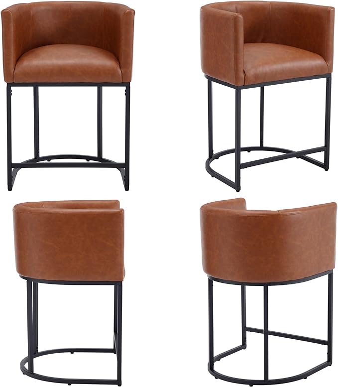 Modern Counter Height PU Leather Upholstered Bar Stools Set of 2, 24" Kitchen Counter Island Stools Bar Chairs with Black Metal Frame, Brown