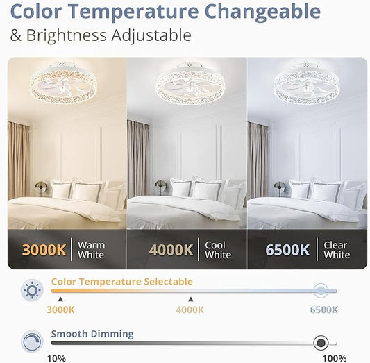 LEDIARY 15.7" Modern Ceiling Fans with Lights and Remote, Dimmable Low Profile Ceiling Fan, Flush Mount Ceiling Fan, Stepless Color Temperature Change and 6 Speeds - White