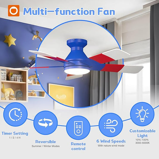 addlon Ceiling Fans with Lights, 42 Inch Low Profile Kids Ceiling Fan, Boy's Fan with Remote, Reversible, 3CCT, Dimmable, Quiet, Blue Small Ceiling Fan for Kids Room, Bedroom Indoor/Outdoor Use