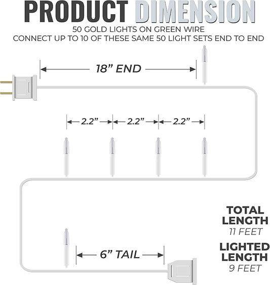 612 Vermont 50 Clear Christmas Lights on White Wire, UL Approved for Indoor/Outdoor Use, 9 Foot of Lighted Length, 11 Foot of Total Length
