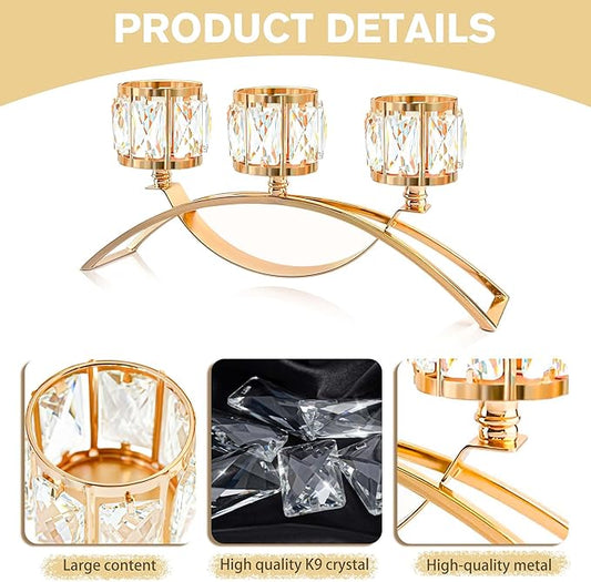3 Arms Crystal Candle Holders, Arch Candlestick Table Candelabras Centerpieces for Wedding, Dinning Room, Cabinet Ornaments, Home Decoration, Gift (Gold, 2 Pcs-3 Arm Arched)