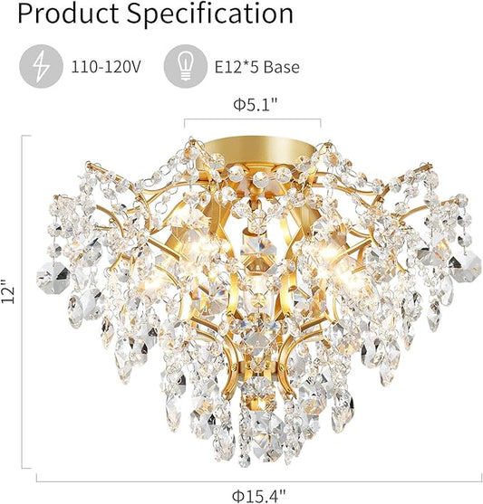 WUZUPS 5-Light Crystal Chandelier Flushmount Ceiling Light Modern Lighting Fixture for Bedroom Hallway Bar Kitchen Bathroom, H 12" W 15.4", E12 Base, Gold