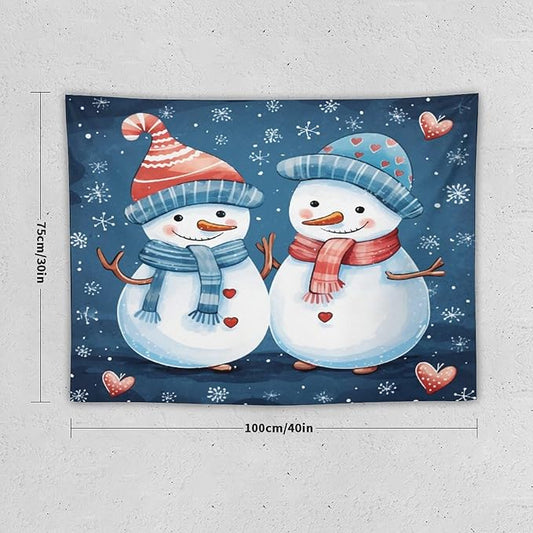 Tapestry Snowman Couple Wall Art Tapestry for Bedroom Aesthetic Cute Snowman with Hat And Scarf Tapestry As Wall Art Home Decor for Room Landscape 30"x40" Tapestries Winter Snowflake Decorative