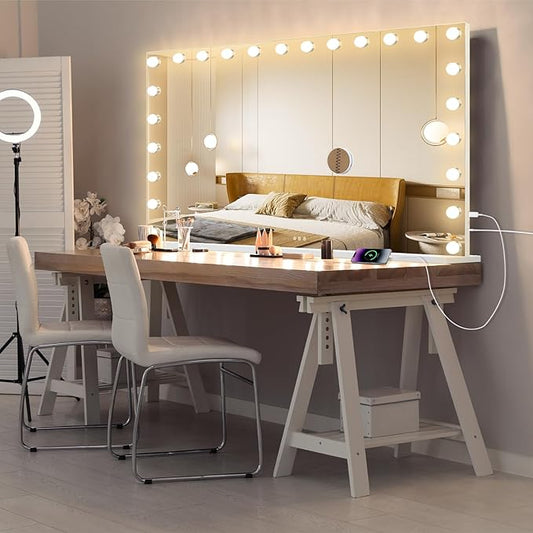 Hollywood Vanity Mirror with Lights, 24 Dimmable Bulbs, 3 Color Lights,Make Up Lighted Mirror, Aluminum Metal Frame, USB Charging Port(48" x 30")