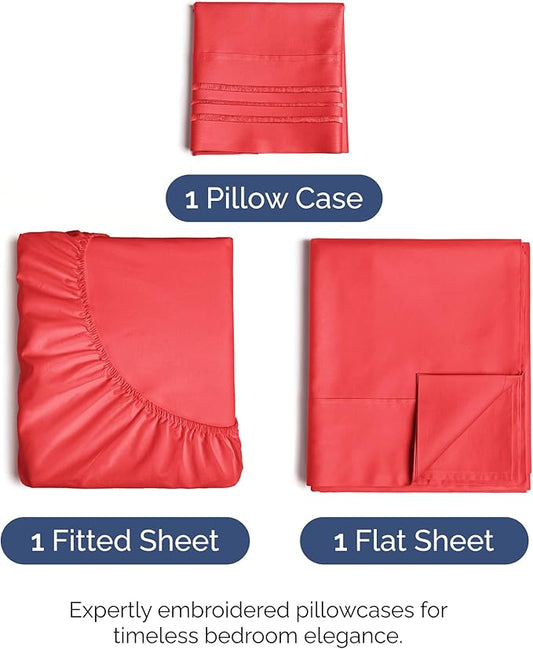 Twin XL Size 3 Piece Sheet Set - Comfy Breathable & Cooling Bed Sheets Set - Hotel Luxury Bedding for Women, Men, Kids, Teens, Boys & Girls - Deep Pockets, Ultra-Soft, Wrinkle Free - Oeko-Tex - Red