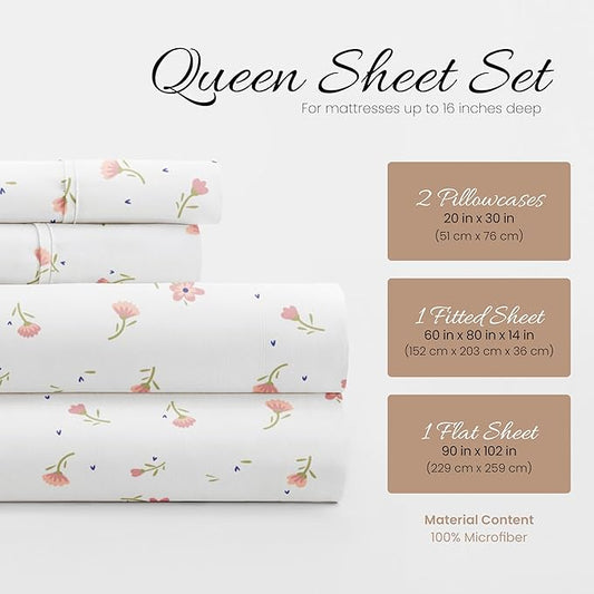 Linen Market 4 Piece Queen Sheet Set - Breathable, Double-Brushed Patterned Cooling Sheets – Oeko-TEX Certified Ultra Soft & Wrinkle-Free 16" Deep-Pocket Queen Sheets - Easy Care Soft Floral Pink