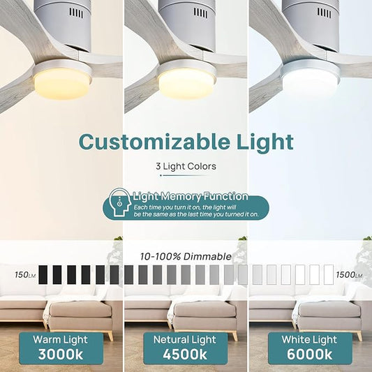 Sofucor Ceiling Fan with Lights 52 Inch Flush Mount Ceiling Fan with Remote Control, 3 Solid Wood Blades Modern Outdoor Ceiling Fans for Bedroom/Farmhouse/Patio/Indoor, Quiet DC Motor, Silver & Grey