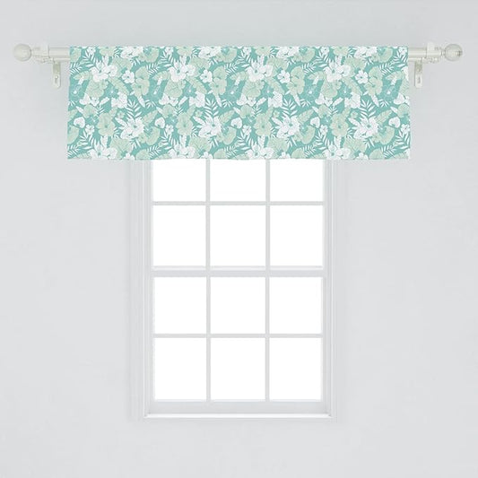 Lunarable Flower Window Valance, Hawaiian Floral Themed Tropical Hibiscus and Exotic Leaves, Curtain Valance for Kitchen Bedroom Decor with Rod Pocket, 54" X 18", Green Teal