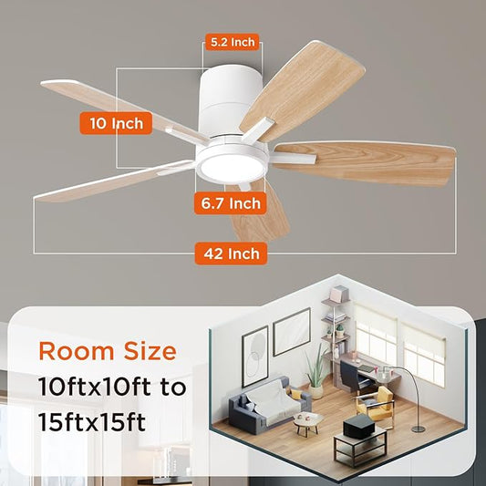 TALOYA 42 inch Ceiling Fans with Lights Remote Control, Modern Low Profile Ceiling Fan with Ultra Quiet Reversible DC Motor,Flush Mount Ceiling Fan for Bedroom Living Room