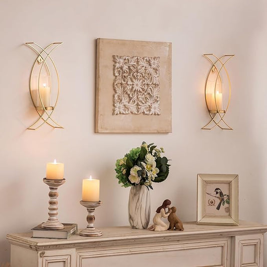 Sconces Wall Decor Set of 2 Hurricane Candle Holder - Modern Decorative Candle Wall Sconce Golden Metal Wall Mount Gold Decorations for Living Room Bedroom Bathroom Hallway Outdoor