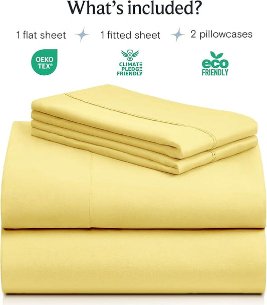 LuxClub 4 PC Sheet Set Bed Sheets Deep Pockets 16" Eco Friendly Wrinkle Free Cooling Machine Washable Hotel Bedding Silky Soft - Lemon Queen