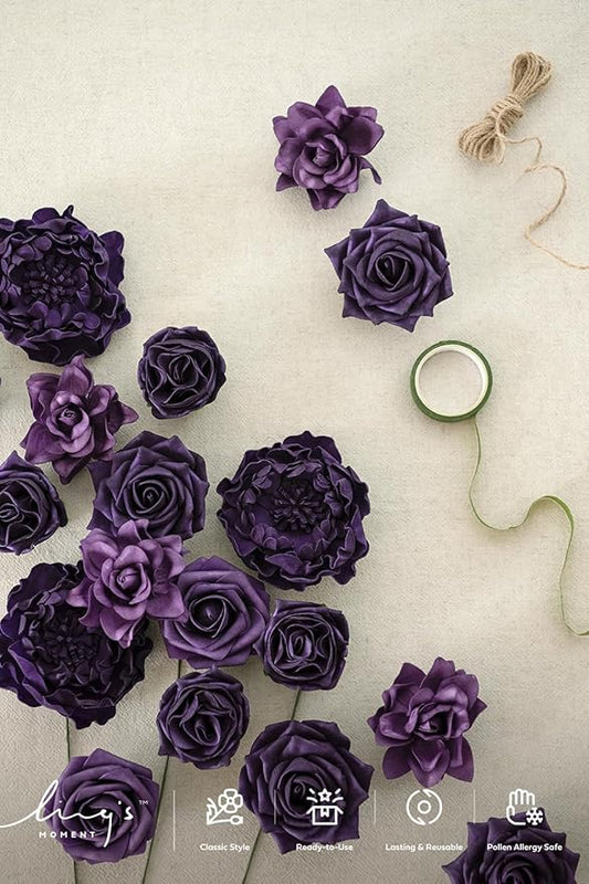 Ling's Moment Artificial Flowers Fake Roses Faux Peony Foam Gardenia Combo for DIY Wedding Bouquets Centerpieces Arrangements Bridal Shower Party Home Decorations, Purple, 23pcs