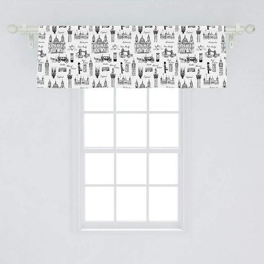Lunarable Sketch Window Valance, Famous Architectural Monuments and of England Historical London Travel, Curtain Valance for Kitchen Bedroom Decor with Rod Pocket, 54" X 18", Charcoal Black