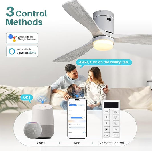 Sofucor 52 Inch Smart Ceiling Fans with Lights-Flush Mount Low Profile Modern Outdoor Solid Wood Ceiling Fans with Alexa/Google Assistant/APP/Remote Control for Bedroom/Farmhouse/Patio, Silver Grey