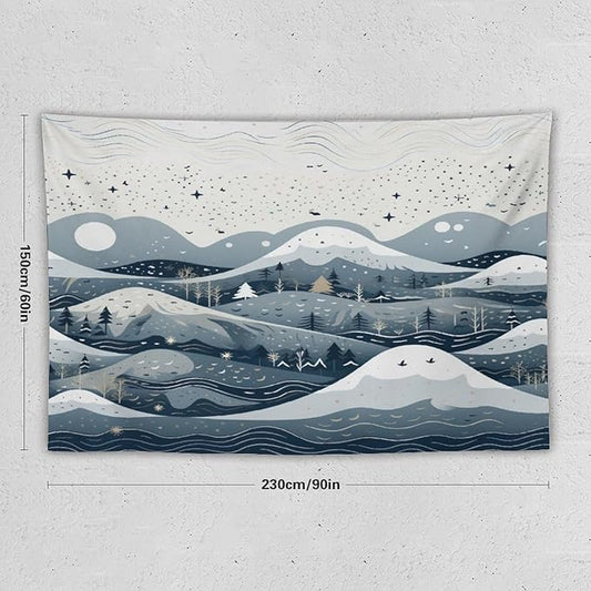 Snow Mountain Scandinavian Winter Wall Tapestry Hello Winter Holiday Tapestries for Bedroom Landscape Tapestry Wall Hanging for Dorm Living Room 60"x90" Tapestries Winter Snowflake Decorative