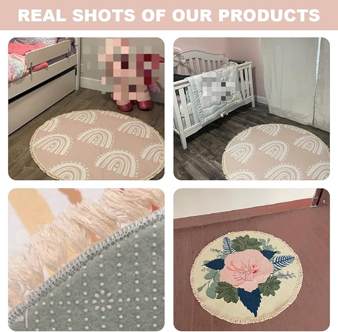 Woodland Animals Round Rugs Flower Crown Rabbit Barn Animal Boho Area Rug in Pastel Color Linen and Cotton Carpet Nursery Rug Washable Hallway Runner Mat Accent Rug for Bedroom Powder Room 4ft