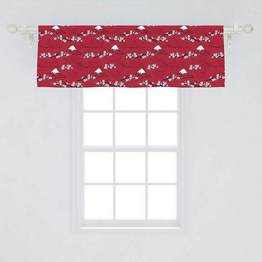 Lunarable Japanese Window Valance, Traditional Art Sakura Blossoms Abstract Hill Mountains Illustration, Curtain Valance for Kitchen Bedroom Decor with Rod Pocket, 54" X 18", Raspberry White