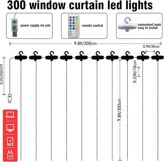 Dazzle Bright Curtain String Lights, 300 LED 9.8ft x 9.8ft 8 Lighting Modes Fairy Lights USB Powered, Waterproof Lights for Christmas Party Wedding Outdoor Indoor Wall Decorations (White)