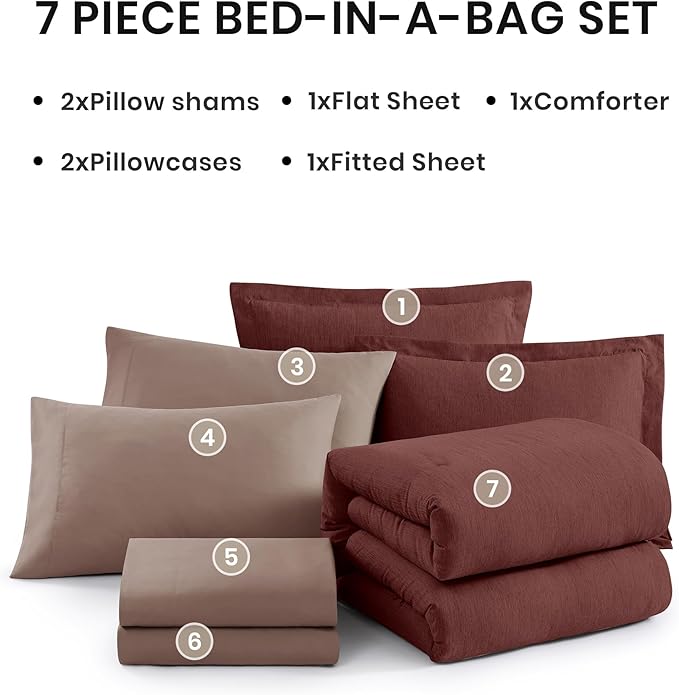Monbix King Size Comforter Set, 7 Pieces Dark Red King Size Bed Set Reversible,Cationic Dyeing Bed in a Bag with Comforter, Sheets, Pillowcases & Shams