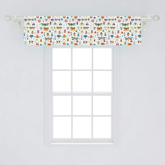 Lunarable Spring Window Valance, Colorful Seasons Pattern with Nature Garden Creatures Repeating Pattern Print, Curtain Valance for Kitchen Bedroom Decor with Rod Pocket, 54" X 12", Multicolor