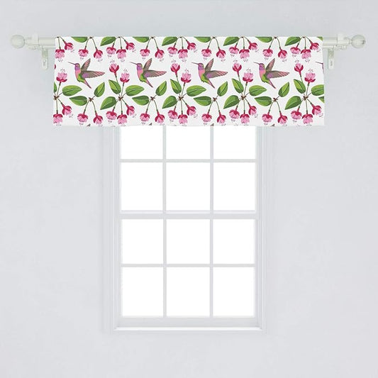 Lunarable Hummingbird Window Valance, Retro Arrangement Exotic Animal Pattern Needlework Inspired Illustration, Curtain Valance for Kitchen Bedroom Decor with Rod Pocket, 54" X 18", Pink Green