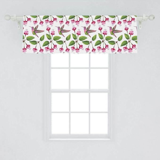 Lunarable Hummingbird Window Valance, Retro Arrangement Exotic Animal Pattern Needlework Inspired Illustration, Curtain Valance for Kitchen Bedroom Decor with Rod Pocket, 54" X 18", Pink Green