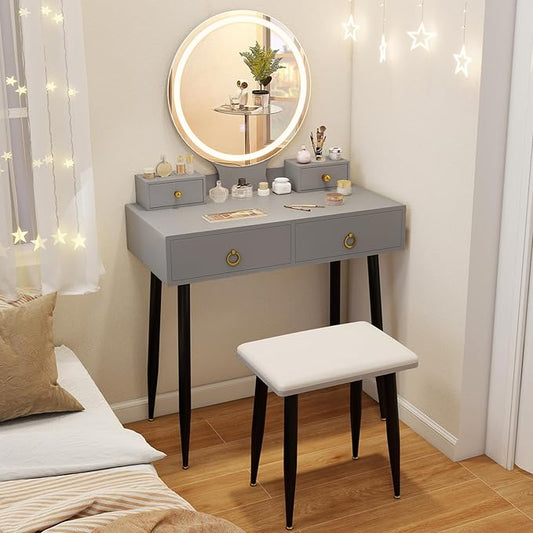 CHARMAID Vanity Desk with Mirror and Lights, Makeup Vanity with 4 Storage Drawers, 3 Lighting Modes, Adjustable Brightness, Modern Vanity Dressing Table with Stool for Bedroom, Gray & Black