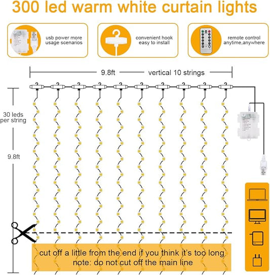 Vicloon Fairy Curtain Lights,300 LED White Curtain Lights,8 Modes 9.8×9.8Ft Waterproof Window Curtain String Light USB&Battery Powered with Remote Control,String Lights Curtain for Indoor,Outdoor