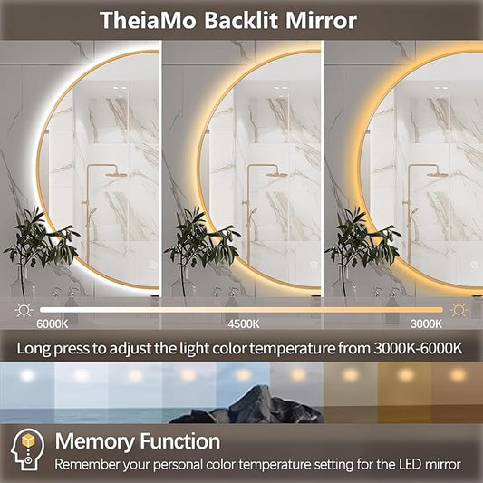 40" Round LED Bathroom Mirror, Wall Mounted Backlit Vanity With Lights, Fog Free Circle With Gold Frame, Smart Light Up 3-Color