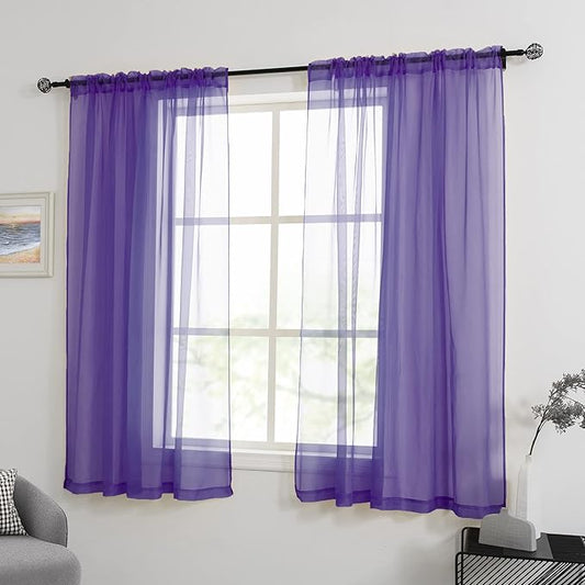 HUTO Short Purple Sheer Curtains 45 Inch Length for Girls Room Rod Pocket Sheer Window Drapes for Kitchen Bedroom Bathroom,Purple 2 Panels